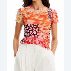 NWT Desigual Tulle Patchwork sheer mesh TShirt size small